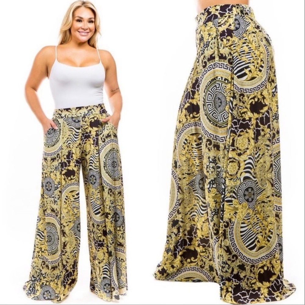 Plus Size Black & Gold Patterned Palazzo Pants OS Fits L-3X (20/22)